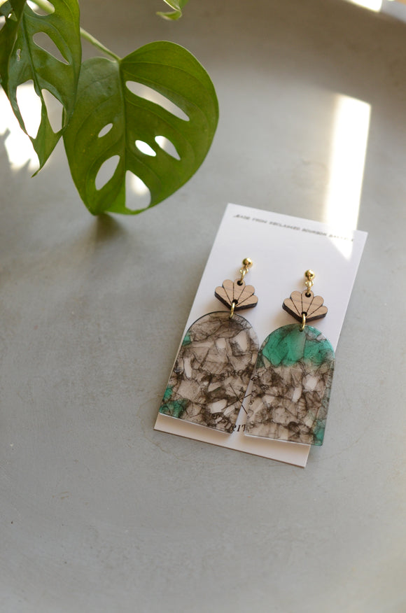 Bourbon Barrel & Clear Marbled Green Acrylic Earrings