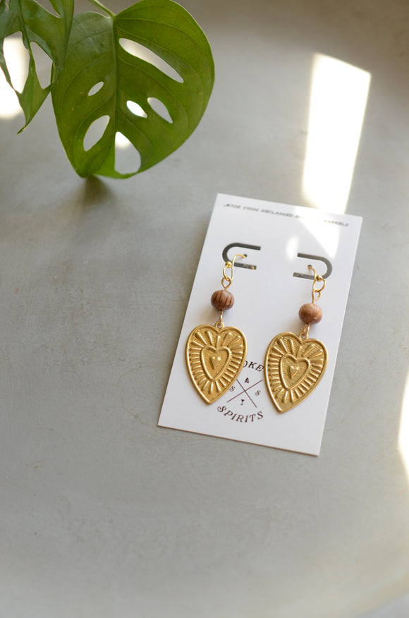 Bourbon Barrel & Printed Heart Valentine Brass Earrings
